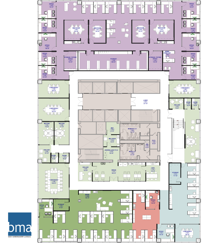 Blueprint floorplan of an office building