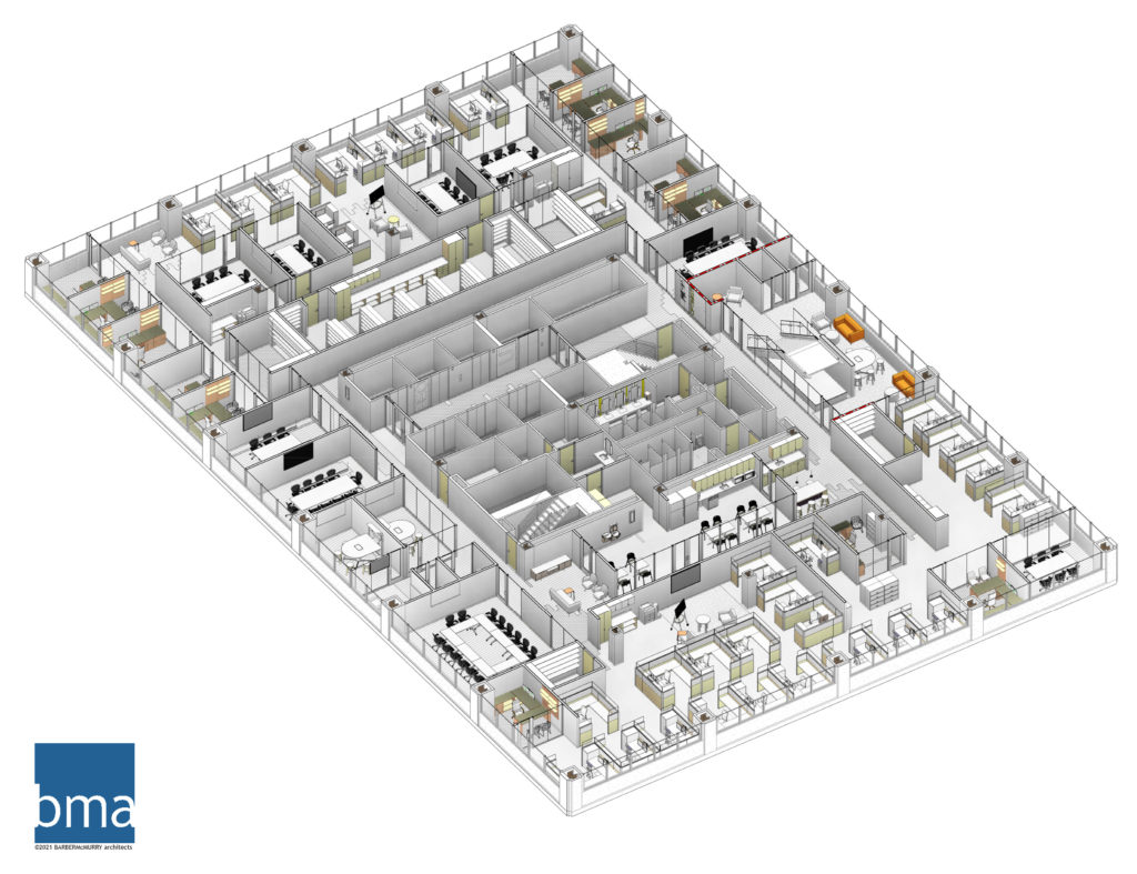 A 3 D rendering of an office building with offices, conference rooms and other spaces
