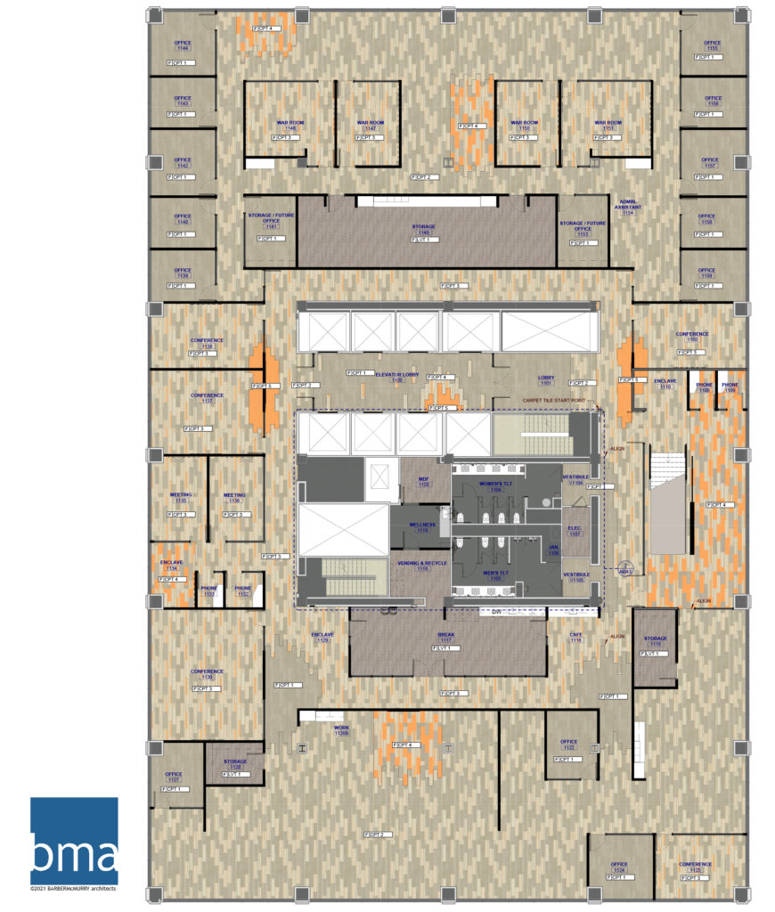 A rendering of a floorplan with gray and orange carpeting
