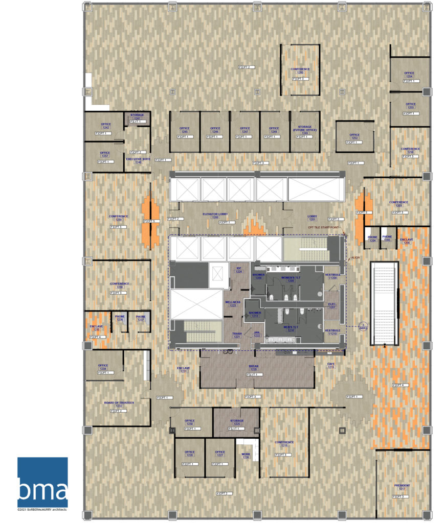 A rendering of a floorplan with gray and orange carpeting