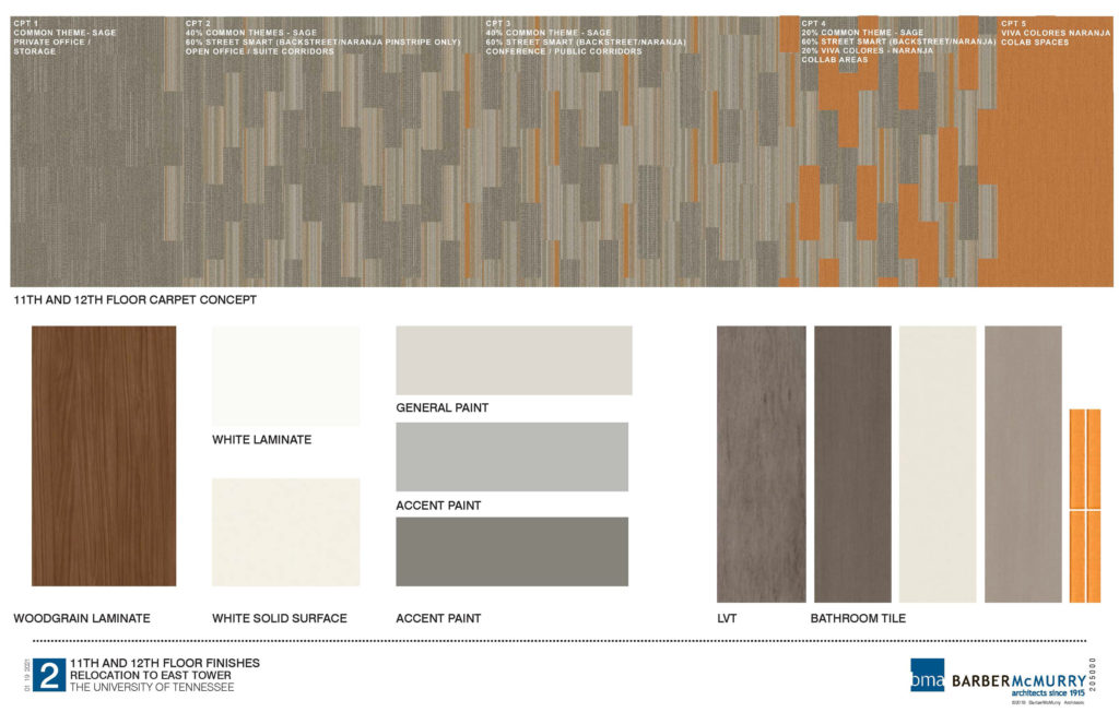 Orange, sand, gray and wood carpet, paint and surface swatches