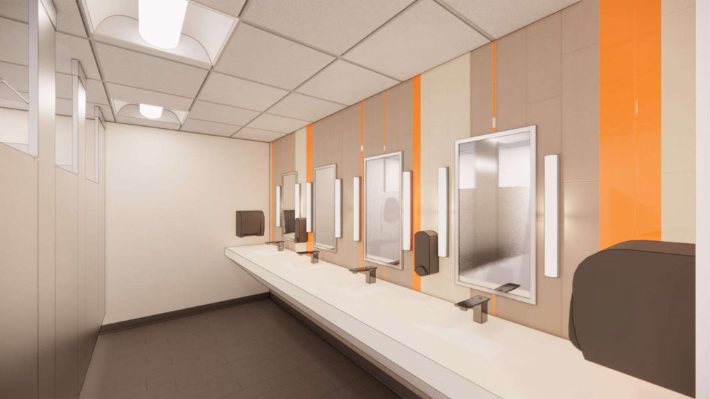 a rendering of a public restroom with a sink counter, toilet stalls and orange and sand colored tile behind a row of mirrors